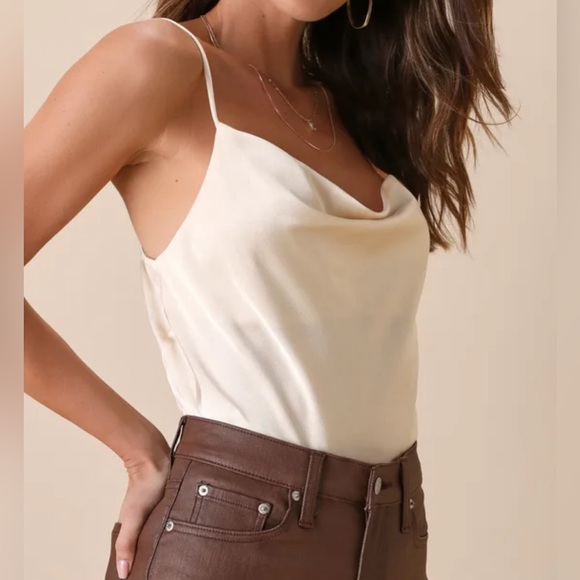 Lulus Emmerson Champagne Satin Sleeveless Cowl Neck Bodysuit - Picture 2 of 4
